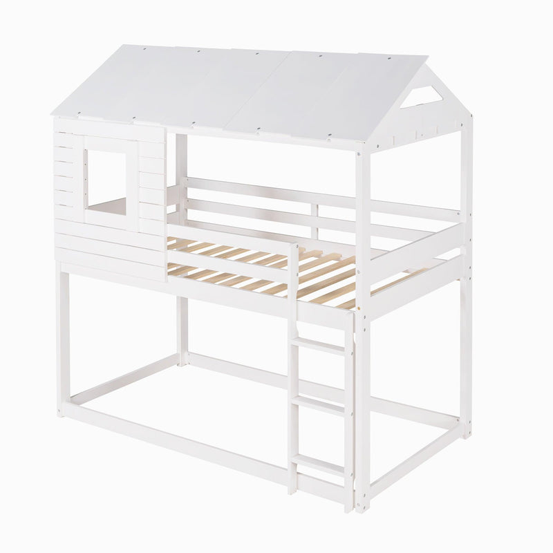 Twin Over Twin House Shaped Bunk Bed with Guardrail and Ladder - White - Urban Living Furniture (Los Angeles, CA)