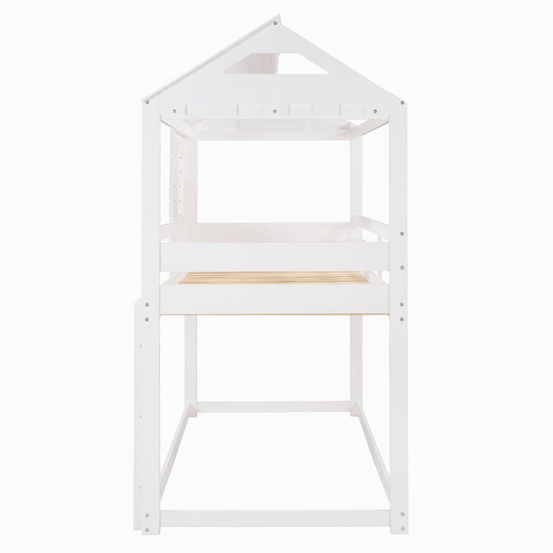 Twin Over Twin House Shaped Bunk Bed with Guardrail and Ladder - White - Urban Living Furniture (Los Angeles, CA)