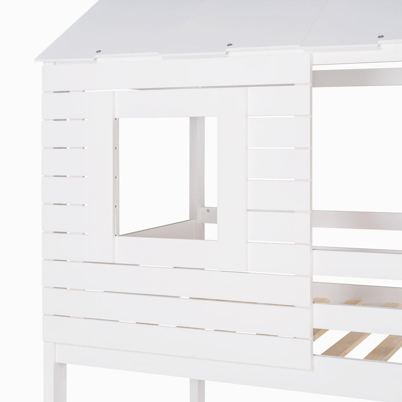 Twin Over Twin House Shaped Bunk Bed with Guardrail and Ladder - White - Urban Living Furniture (Los Angeles, CA)