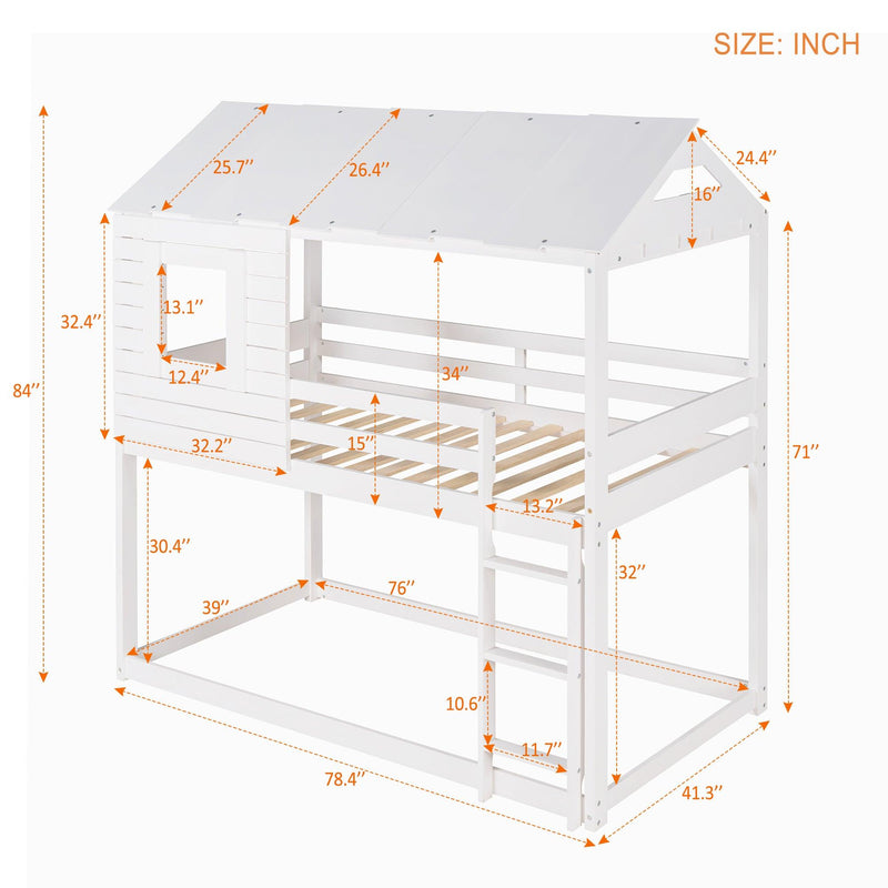 Twin Over Twin House Shaped Bunk Bed with Guardrail and Ladder - White - Urban Living Furniture (Los Angeles, CA)