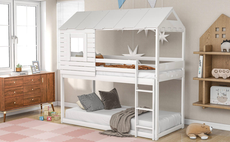 Twin Over Twin House Shaped Bunk Bed with Guardrail and Ladder - White - Urban Living Furniture (Los Angeles, CA)