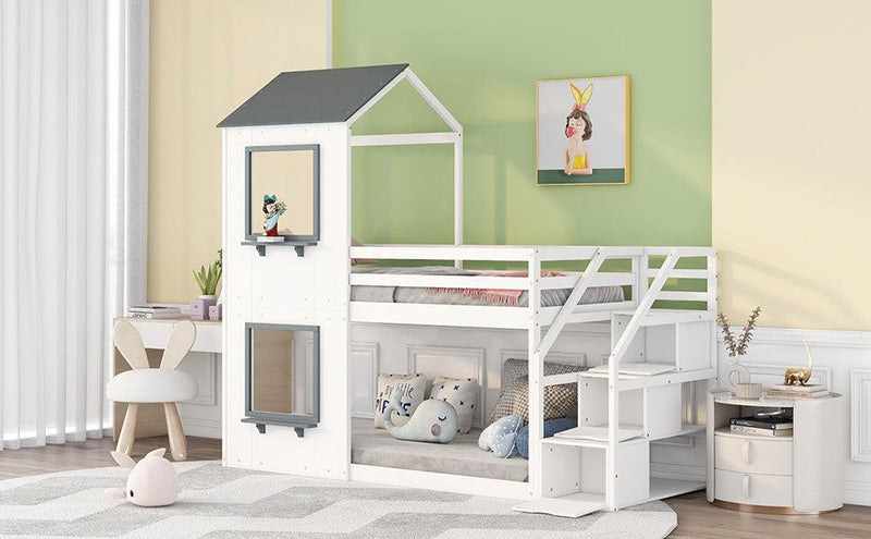 Twin over Twin House Shaped Bunk Bed withStorage Stairs, Guardrail and Ladder - White - Urban Living Furniture (Los Angeles, CA)