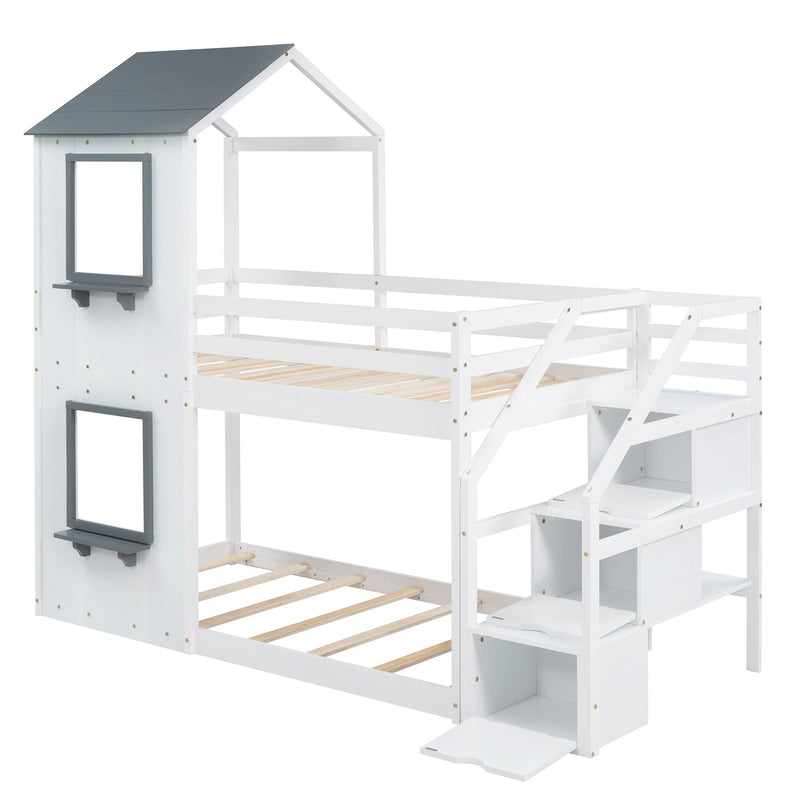 Twin over Twin House Shaped Bunk Bed withStorage Stairs, Guardrail and Ladder - White - Urban Living Furniture (Los Angeles, CA)