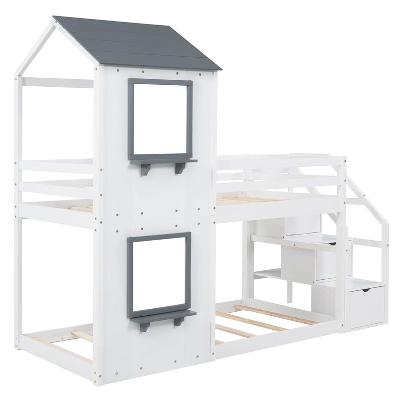 Twin over Twin House Shaped Bunk Bed withStorage Stairs, Guardrail and Ladder - White - Urban Living Furniture (Los Angeles, CA)