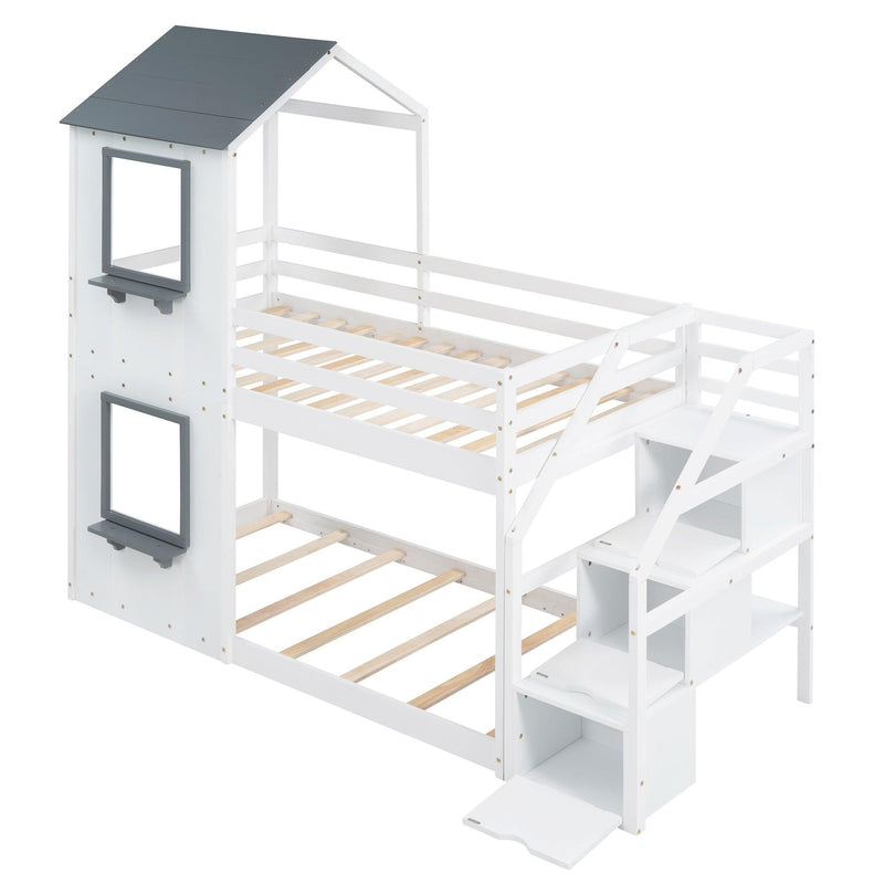 Twin over Twin House Shaped Bunk Bed withStorage Stairs, Guardrail and Ladder - White - Urban Living Furniture (Los Angeles, CA)