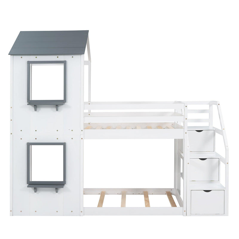 Twin over Twin House Shaped Bunk Bed withStorage Stairs, Guardrail and Ladder - White - Urban Living Furniture (Los Angeles, CA)