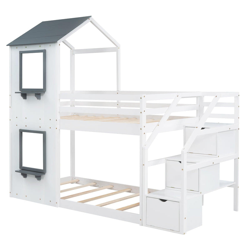 Twin over Twin House Shaped Bunk Bed withStorage Stairs, Guardrail and Ladder - White - Urban Living Furniture (Los Angeles, CA)