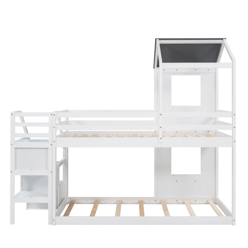 Twin over Twin House Shaped Bunk Bed withStorage Stairs, Guardrail and Ladder - White - Urban Living Furniture (Los Angeles, CA)