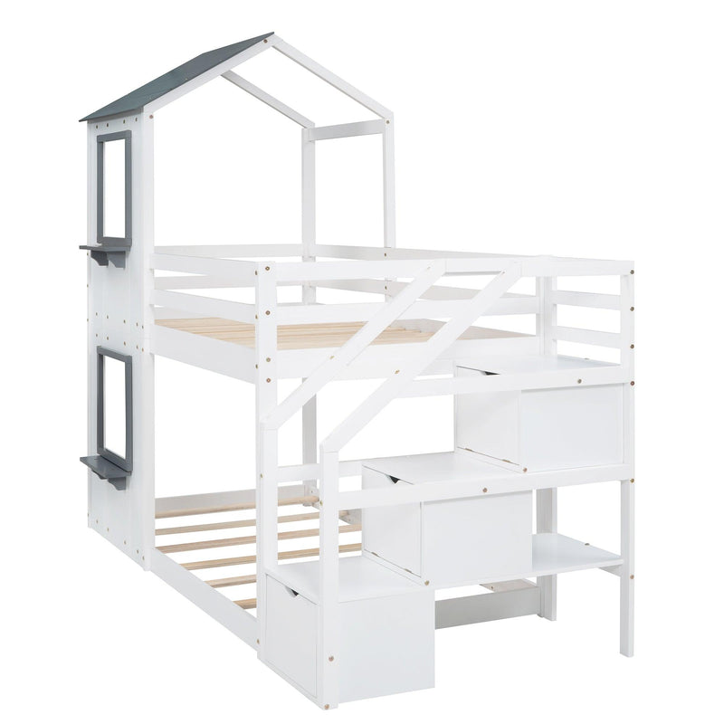 Twin over Twin House Shaped Bunk Bed withStorage Stairs, Guardrail and Ladder - White - Urban Living Furniture (Los Angeles, CA)