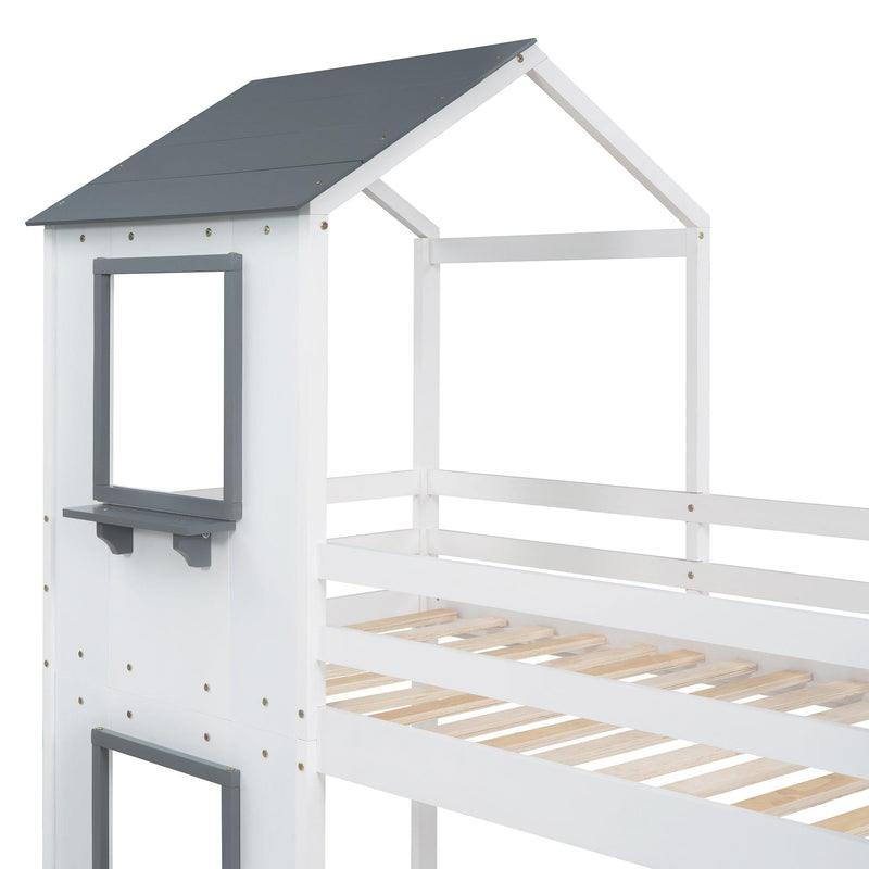 Twin over Twin House Shaped Bunk Bed withStorage Stairs, Guardrail and Ladder - White - Urban Living Furniture (Los Angeles, CA)