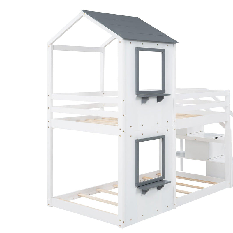 Twin over Twin House Shaped Bunk Bed withStorage Stairs, Guardrail and Ladder - White - Urban Living Furniture (Los Angeles, CA)