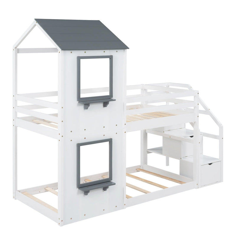 Twin over Twin House Shaped Bunk Bed withStorage Stairs, Guardrail and Ladder - White - Urban Living Furniture (Los Angeles, CA)