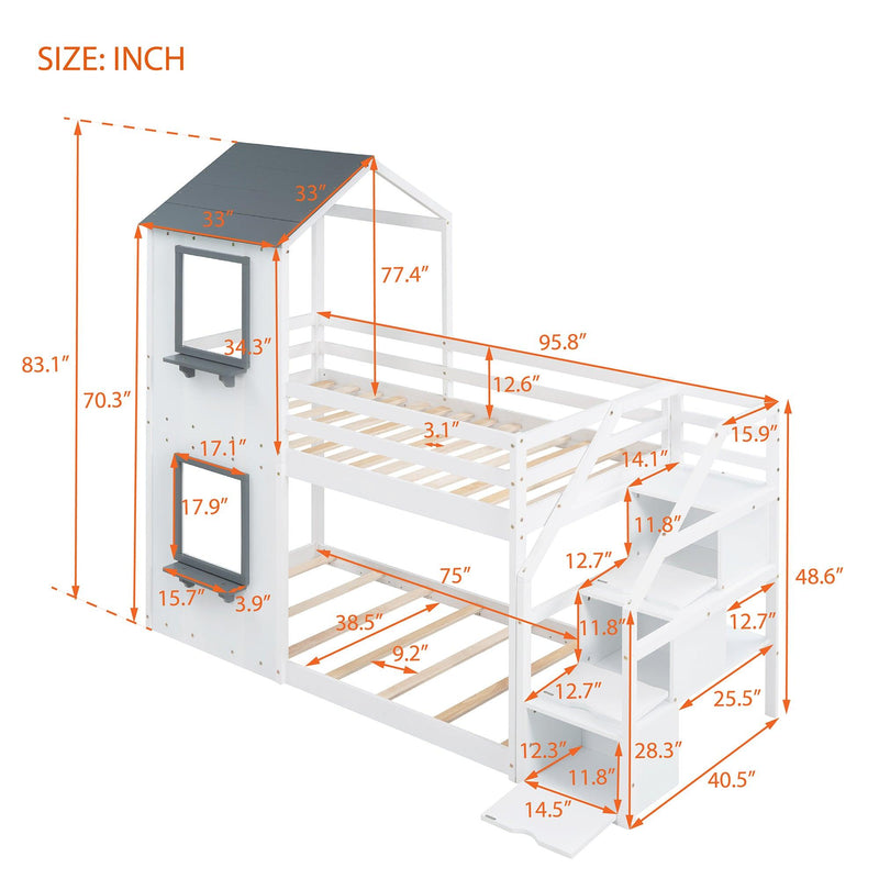 Twin over Twin House Shaped Bunk Bed withStorage Stairs, Guardrail and Ladder - White - Urban Living Furniture (Los Angeles, CA)