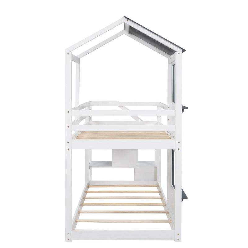 Twin over Twin House Shaped Bunk Bed withStorage Stairs, Guardrail and Ladder - White - Urban Living Furniture (Los Angeles, CA)