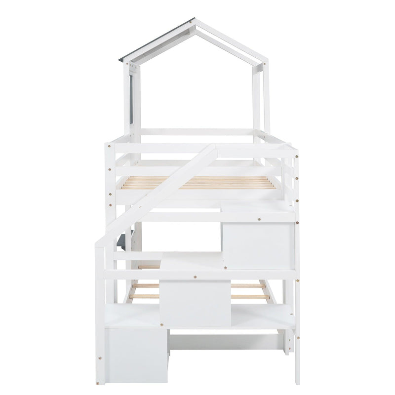 Twin over Twin House Shaped Bunk Bed withStorage Stairs, Guardrail and Ladder - White - Urban Living Furniture (Los Angeles, CA)