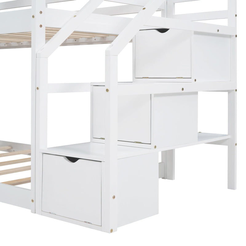 Twin over Twin House Shaped Bunk Bed withStorage Stairs, Guardrail and Ladder - White - Urban Living Furniture (Los Angeles, CA)