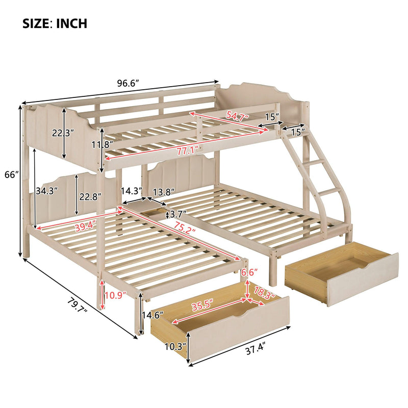 Full over Twin and Twin Bunk Bed with Drawers and Guardrails - Beige - Urban Living Furniture (Los Angeles, CA)