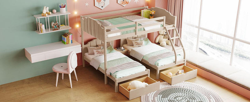 Full over Twin and Twin Bunk Bed with Drawers and Guardrails - Beige - Urban Living Furniture (Los Angeles, CA)