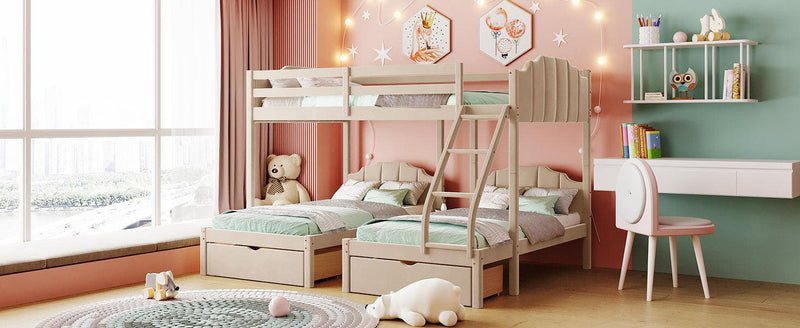 Full over Twin and Twin Bunk Bed with Drawers and Guardrails - Beige - Urban Living Furniture (Los Angeles, CA)