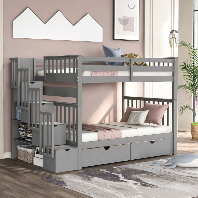 Full over Full Bunk Bed with Shelves and 6Storage Drawers - Gray - Urban Living Furniture (Los Angeles, CA)