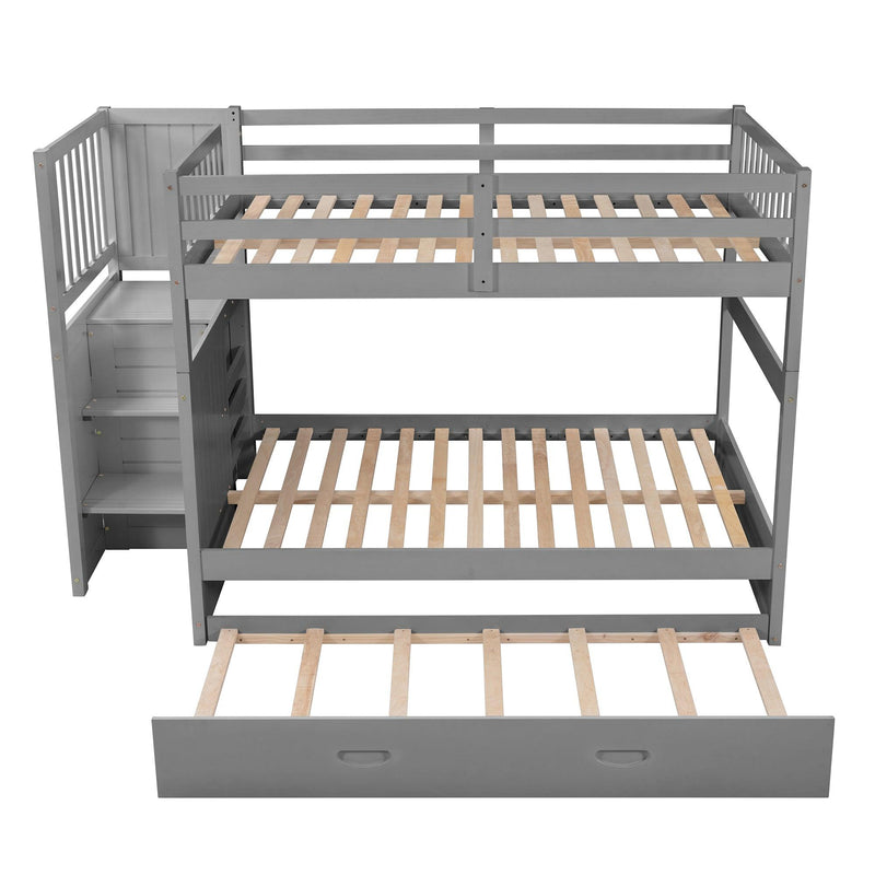 Full over Full Convertible Bunk Bed with Twin Size Trundle and Staircase Drawers - Gray