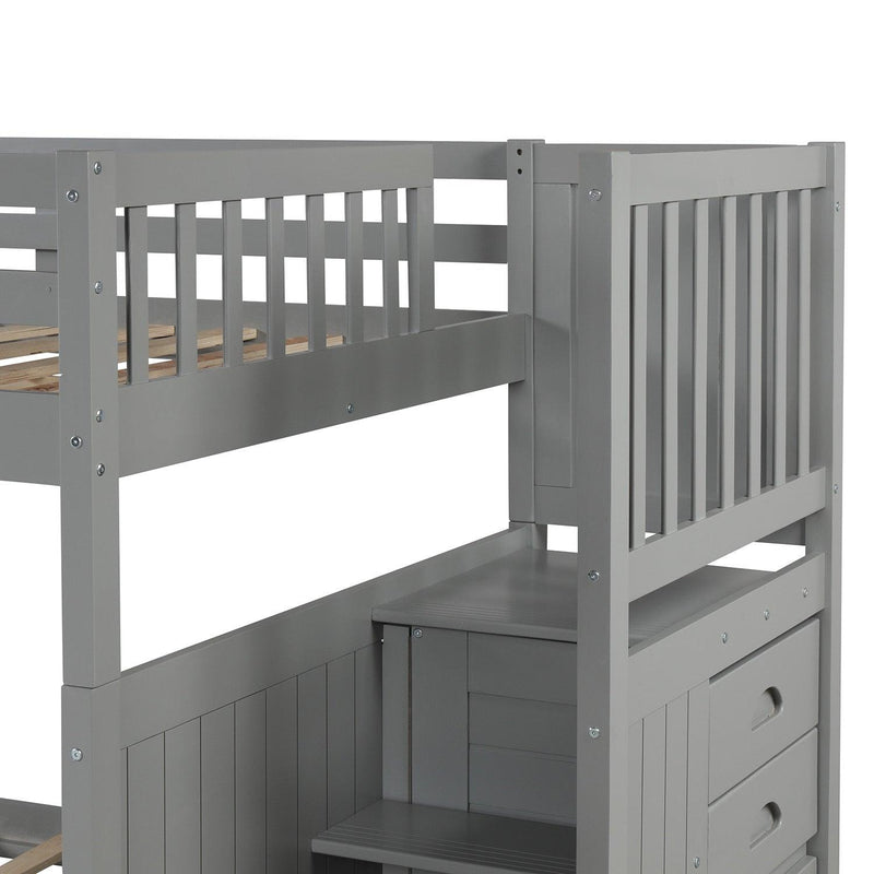 Full over Full Convertible Bunk Bed with Twin Size Trundle and Staircase Drawers - Gray