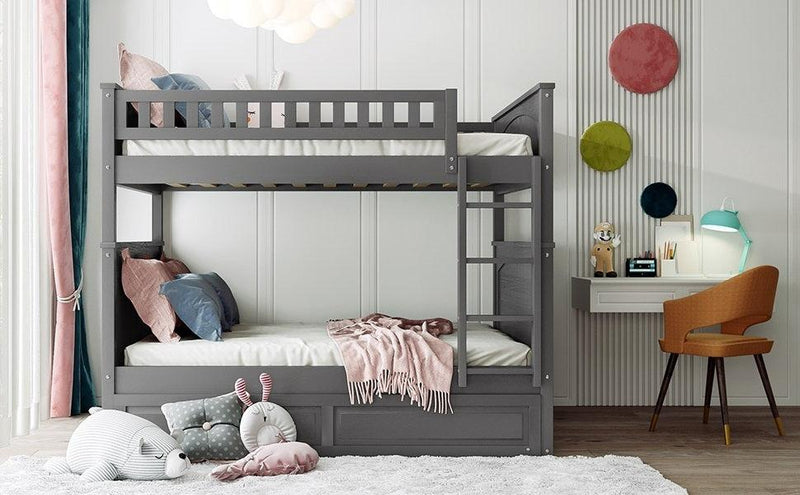 Full over Full Bunk Bed with Twin Size Trundle and Guardrails - Brushed Gray