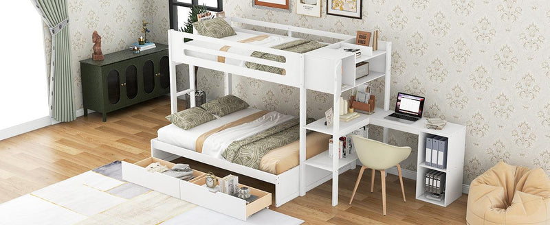 Twin over Full Bunk Bed with Drawers, Shelves, Drawers, and L-shaped Desk - White - Urban Living Furniture (Los Angeles, CA)