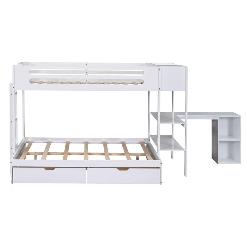 Twin over Full Bunk Bed with Drawers, Shelves, Drawers, and L-shaped Desk - White