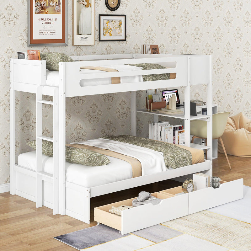 Twin over Full Bunk Bed with Drawers, Shelves, Drawers, and L-shaped Desk - White - Urban Living Furniture (Los Angeles, CA)