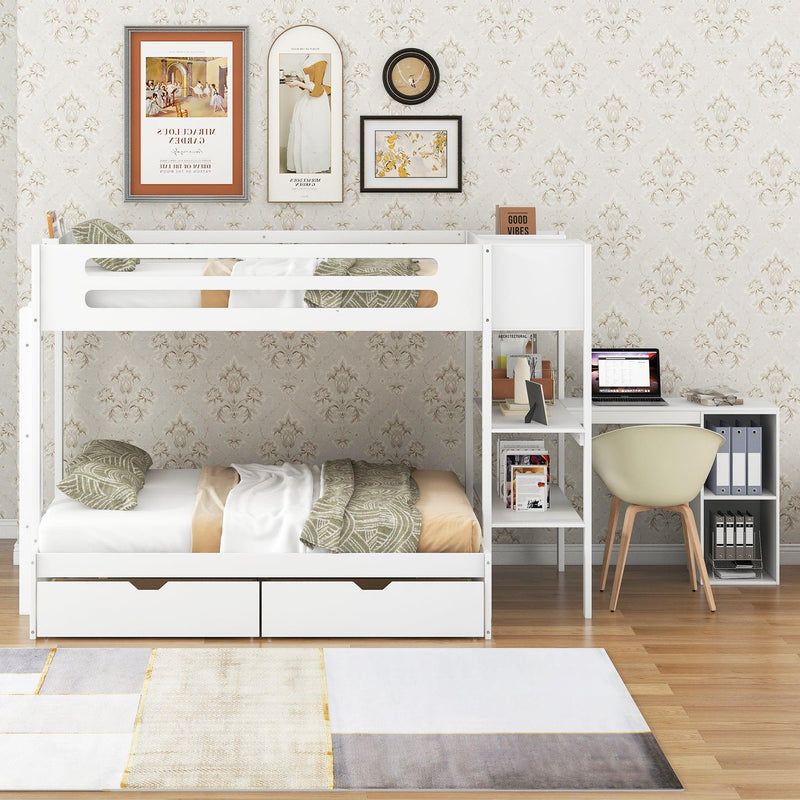 Twin over Full Bunk Bed with Drawers, Shelves, Drawers, and L-shaped Desk - White - Urban Living Furniture (Los Angeles, CA)