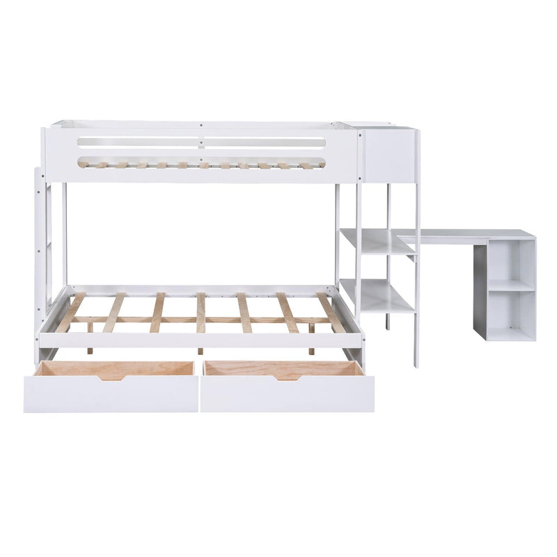 Twin over Full Bunk Bed with Drawers, Shelves, Drawers, and L-shaped Desk - White - Urban Living Furniture (Los Angeles, CA)