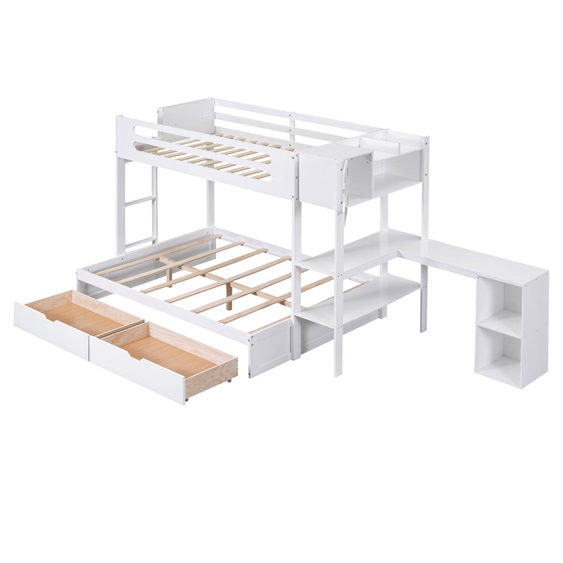 Twin over Full Bunk Bed with Drawers, Shelves, Drawers, and L-shaped Desk - White - Urban Living Furniture (Los Angeles, CA)