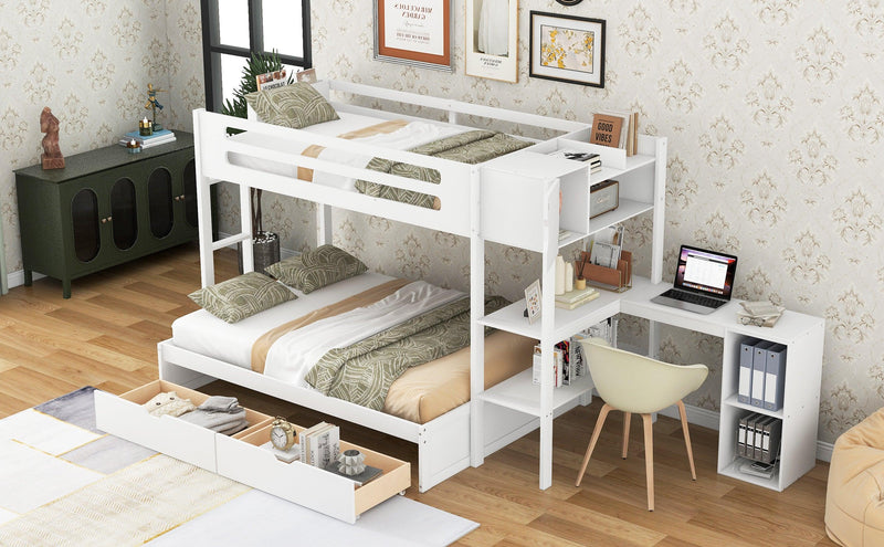 Twin over Full Bunk Bed with Drawers, Shelves, Drawers, and L-shaped Desk - White