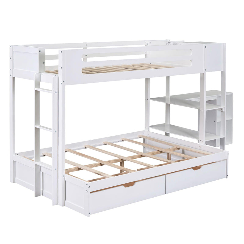 Twin over Full Bunk Bed with Drawers, Shelves, Drawers, and L-shaped Desk - White - Urban Living Furniture (Los Angeles, CA)