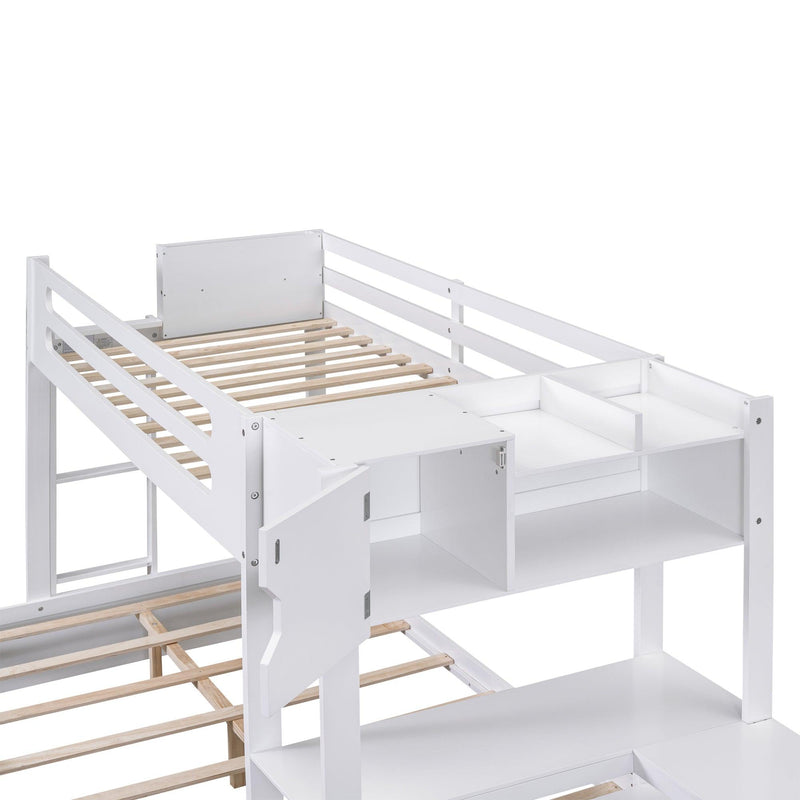 Twin over Full Bunk Bed with Drawers, Shelves, Drawers, and L-shaped Desk - White - Urban Living Furniture (Los Angeles, CA)