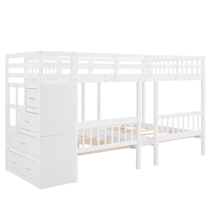Full over Twin and Twin Bunk Bed with Drawers and Guardrail - White