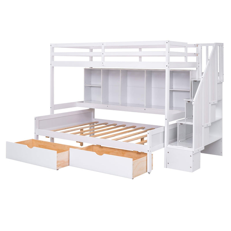 Twin XL over Full Bunk Bed withStorage Shelves, Drawers andStorage Staircase - White