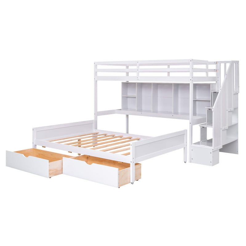 Twin XL over Full Bunk Bed withStorage Shelves, Drawers andStorage Staircase - White - Urban Living Furniture (Los Angeles, CA)