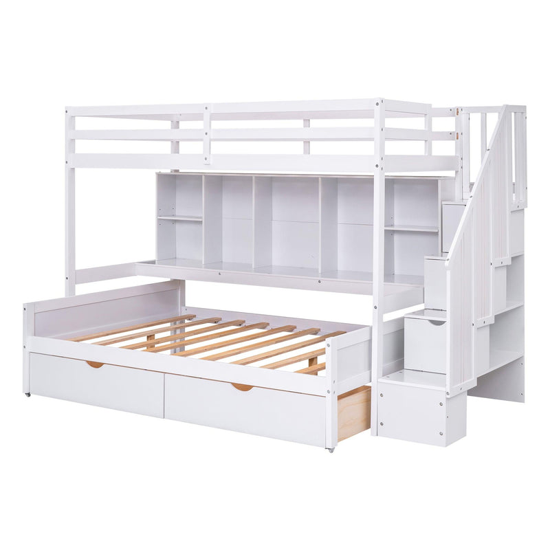 Twin XL over Full Bunk Bed withStorage Shelves, Drawers andStorage Staircase - White - Urban Living Furniture (Los Angeles, CA)