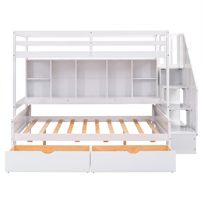 Twin XL over Full Bunk Bed withStorage Shelves, Drawers andStorage Staircase - White - Urban Living Furniture (Los Angeles, CA)