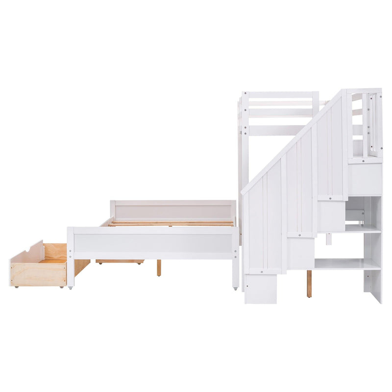 Twin XL over Full Bunk Bed withStorage Shelves, Drawers andStorage Staircase - White - Urban Living Furniture (Los Angeles, CA)