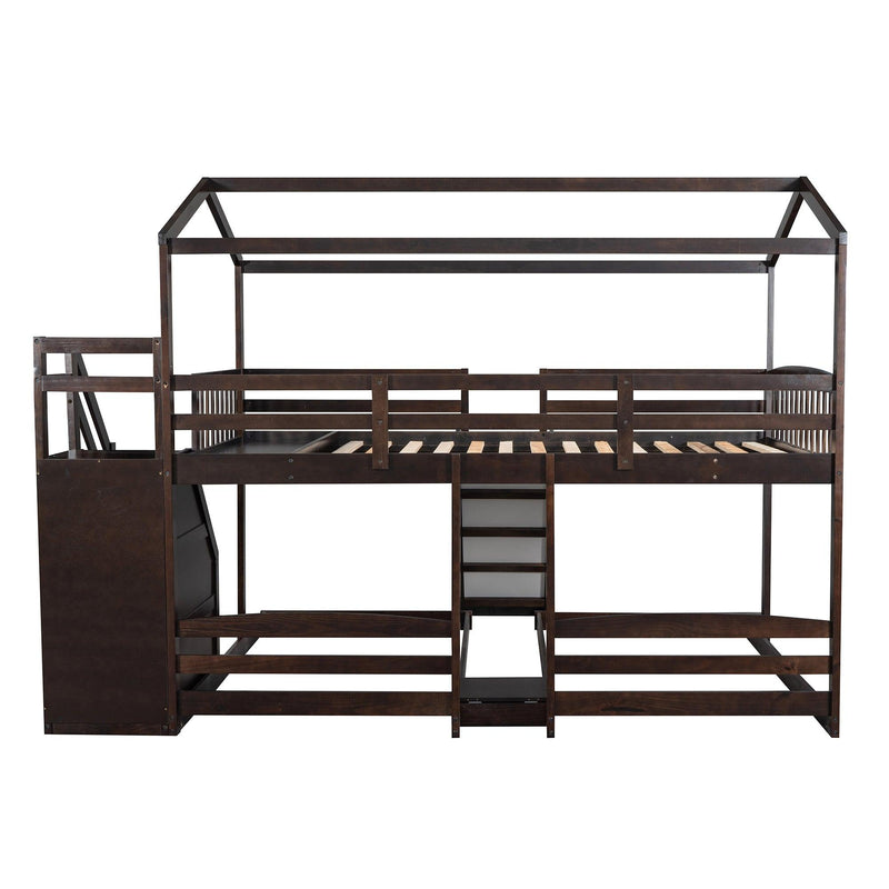 Full over Twin and Twin House Shaped Bunk Bed withStorage Staircase, Drawer , Slide, and Shelf - Espresso