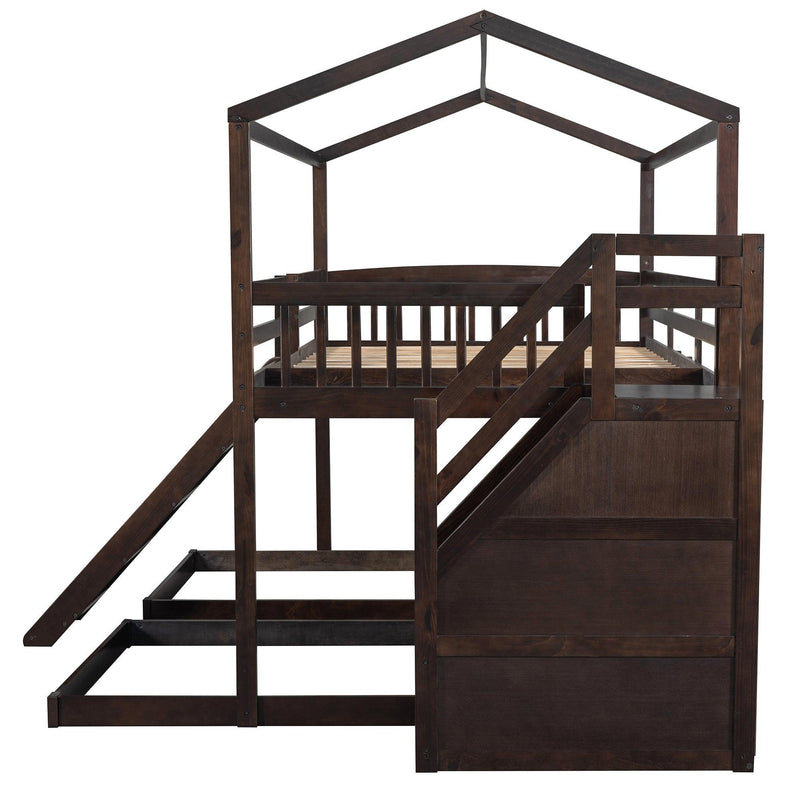 Full over Twin and Twin House Shaped Bunk Bed withStorage Staircase, Drawer , Slide, and Shelf - Espresso
