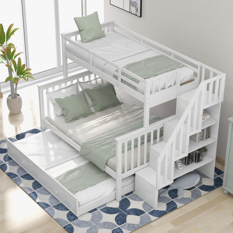 Twin over Full Bunk Bed with Twin size Trundle,Storage Staircase and Guard Rail - White - Urban Living Furniture (Los Angeles, CA)