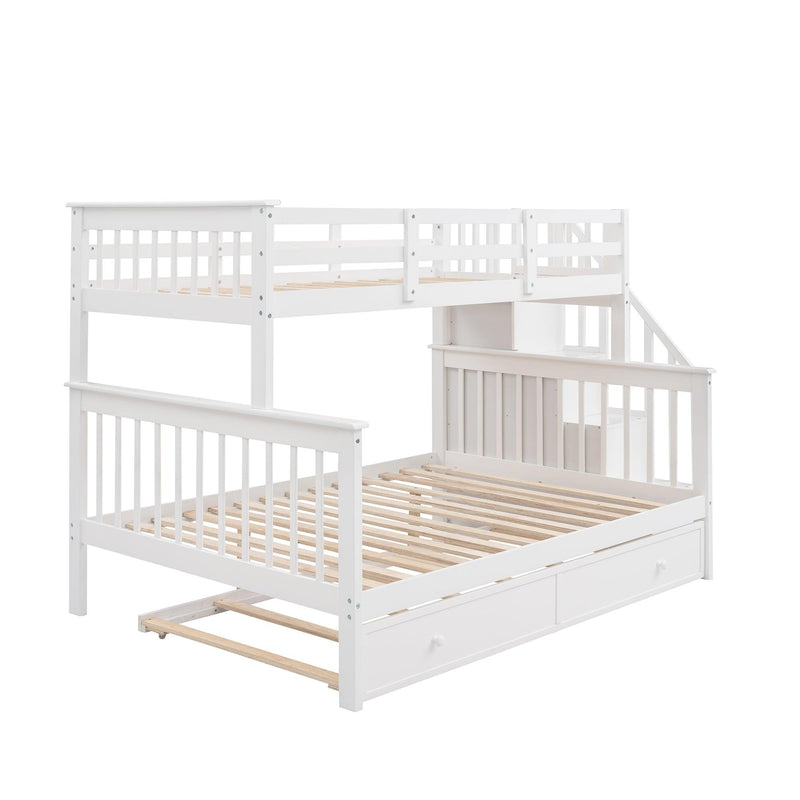 Twin over Full Bunk Bed with Twin size Trundle,Storage Staircase and Guard Rail - White - Urban Living Furniture (Los Angeles, CA)