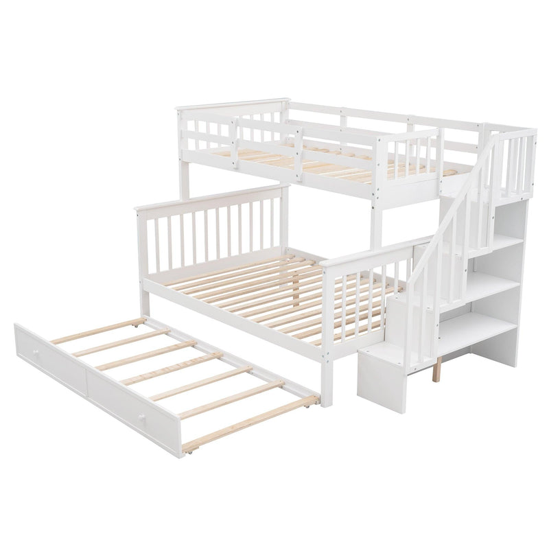 Twin over Full Bunk Bed with Twin size Trundle,Storage Staircase and Guard Rail - White - Urban Living Furniture (Los Angeles, CA)