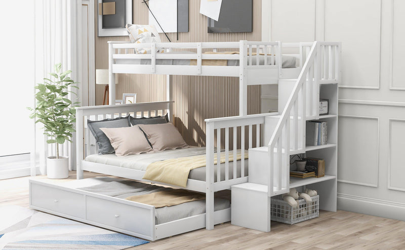 Twin over Full Bunk Bed with Twin size Trundle,Storage Staircase and Guard Rail - White - Urban Living Furniture (Los Angeles, CA)