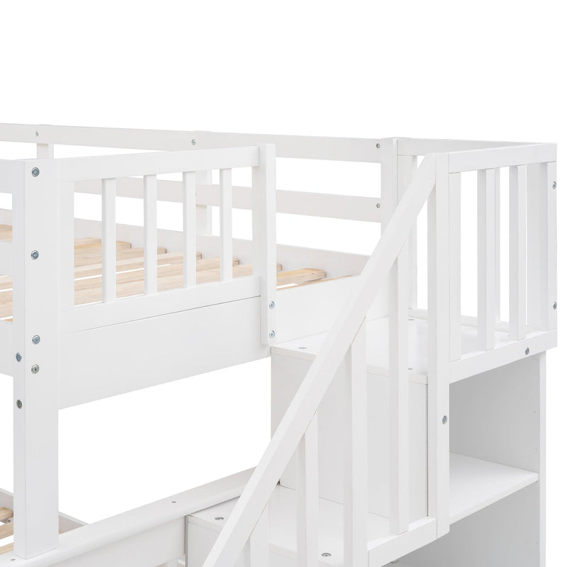 Twin over Full Bunk Bed with Twin size Trundle,Storage Staircase and Guard Rail - White - Urban Living Furniture (Los Angeles, CA)