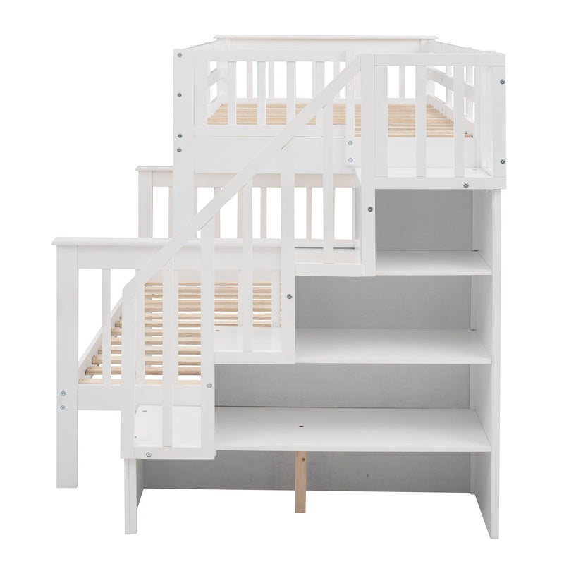 Twin over Full Bunk Bed with Twin size Trundle,Storage Staircase and Guard Rail - White - Urban Living Furniture (Los Angeles, CA)